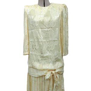 Vintage 80s Does 20s Yellow Drop Waist Dress Silky Bow Size 9/10